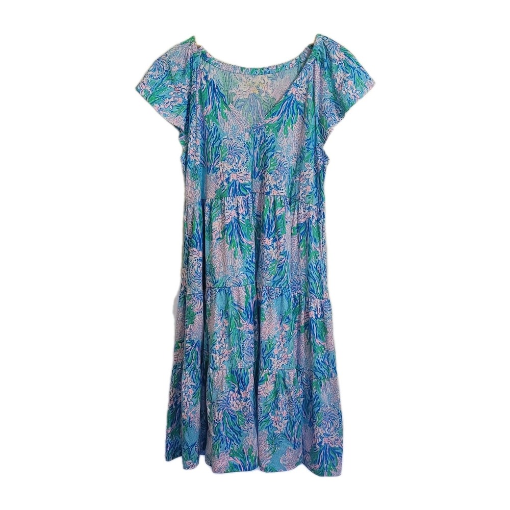 Lilly Pulitzer Kawai Dress Flutter Sleeve Las Olas Aqua Strong Current Sea Sz SM